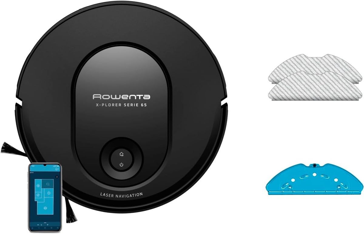 Rowenta X-Plorer Serie 65, Robot aspirateur Laveur, Technologie Laser, Nettoyage méthodique, Design Ultra Fin RR8L65WH, Noir