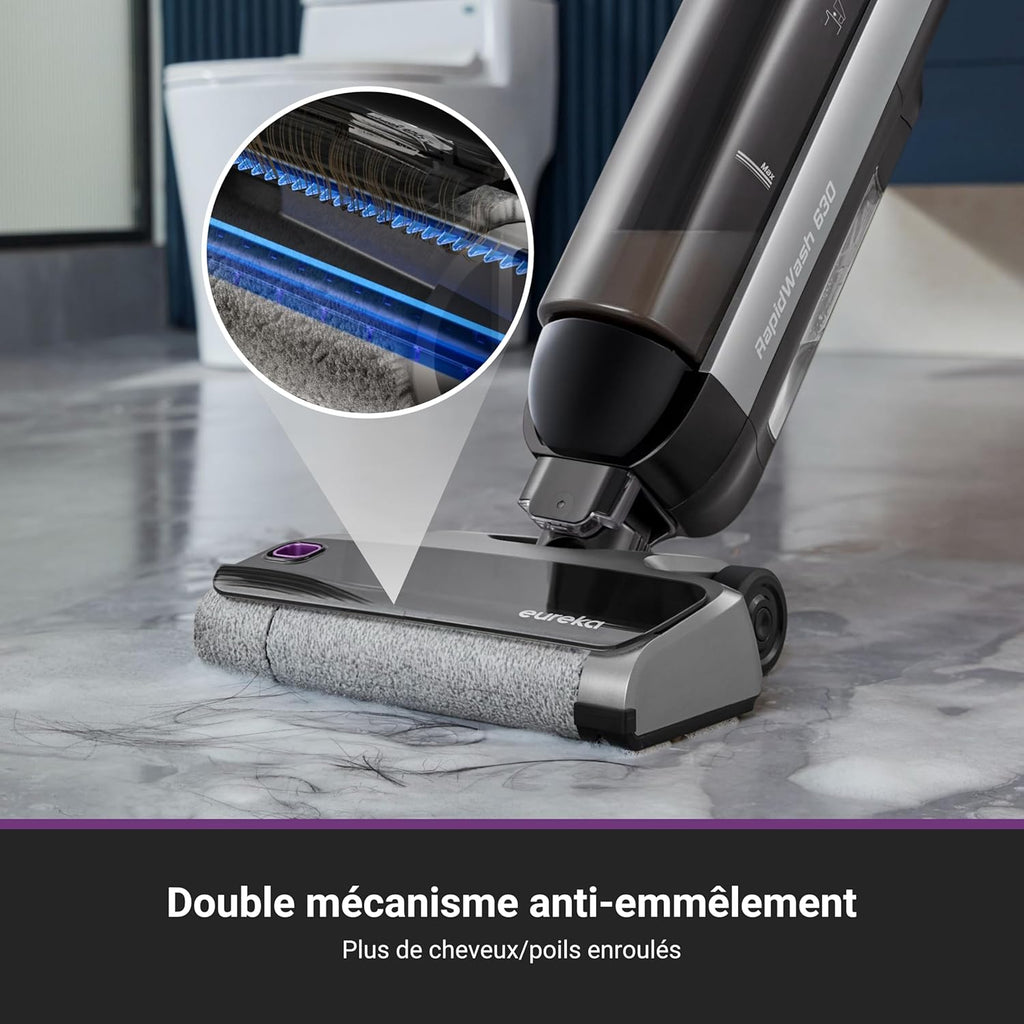 Eureka RapidWash NEW630 Gen2 Aspirateur Laveur, Séchage Air Chaud 50℃, Anti-Emmêlement, Inclinaison au Plat, Autonomie de 38 Minutes. pour Sols Durs
