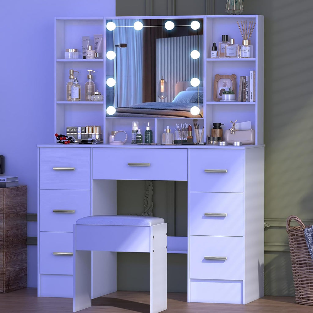 Buildonely Grande coiffeuse avec tabouret, miroir et éclairage, 3 températures de couleur avec luminosité réglable, table cosmétique avec 7 tiroirs, 40 x 100 x 140 cm, SD5210