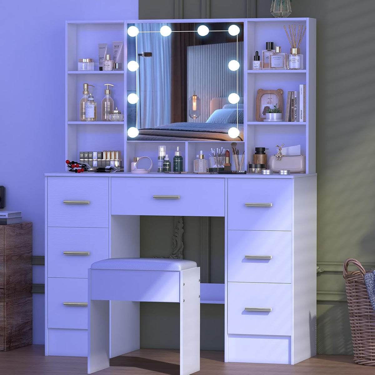 Buildonely Grande coiffeuse avec tabouret, miroir et éclairage, 3 températures de couleur avec luminosité réglable, table cosmétique avec 7 tiroirs, 40 x 100 x 140 cm, SD5210