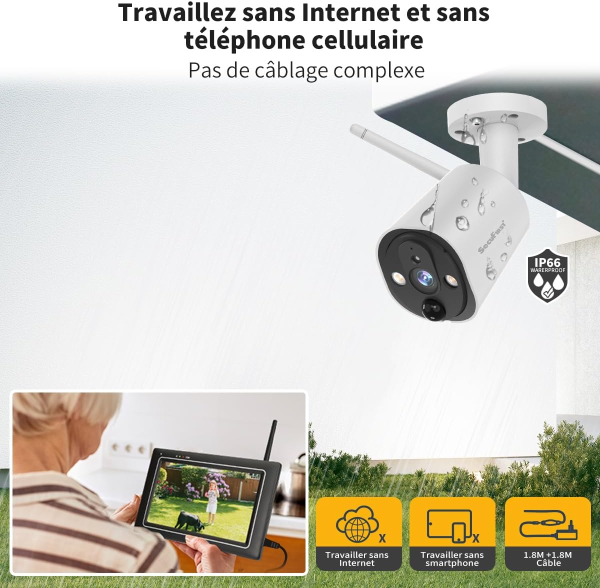 SecuFirst Kit 2K Caméra de Surveillance Extérieure sans Fil avec Moniteur intérieur,Écran Tactile 7",Vidéo Babyphone Camera,Travailler sans WiFi,Détecteur de Mouvement, Carte SD 64 Go, Interphone