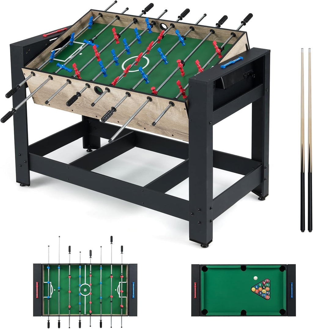 HOMASIS 2 en 1 Table de Jeu Multifonction Pliable avec 2 Boules et Marque-Points, Table de Billard avec 2 Queues et Triangle de Maison, 122 x 60,5 x 81,5 cm