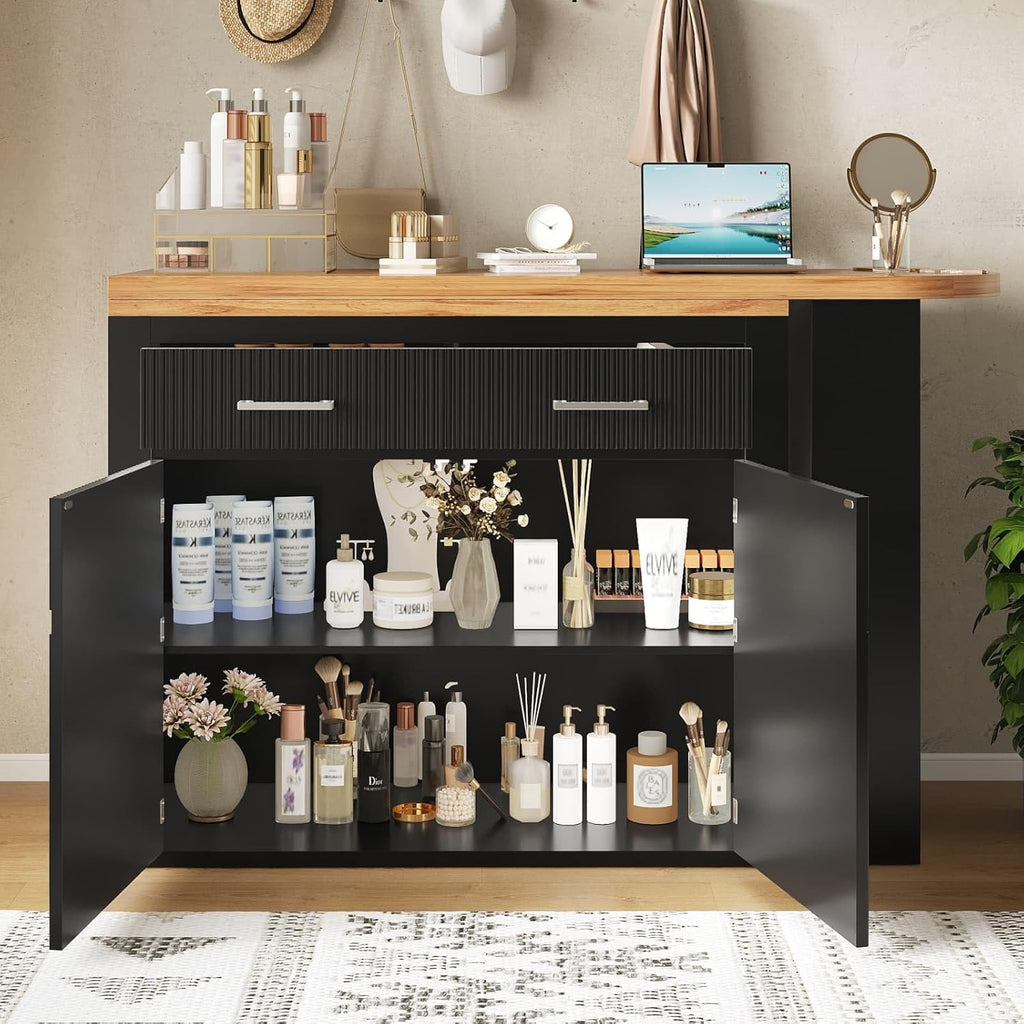 KOMHTOM Table de Bar Extensible avec Espace de Rangement, Meuble Bar avec 2 Portes en Verre, Rotation Libre à 360 °, étagères latérales (Noir-3)