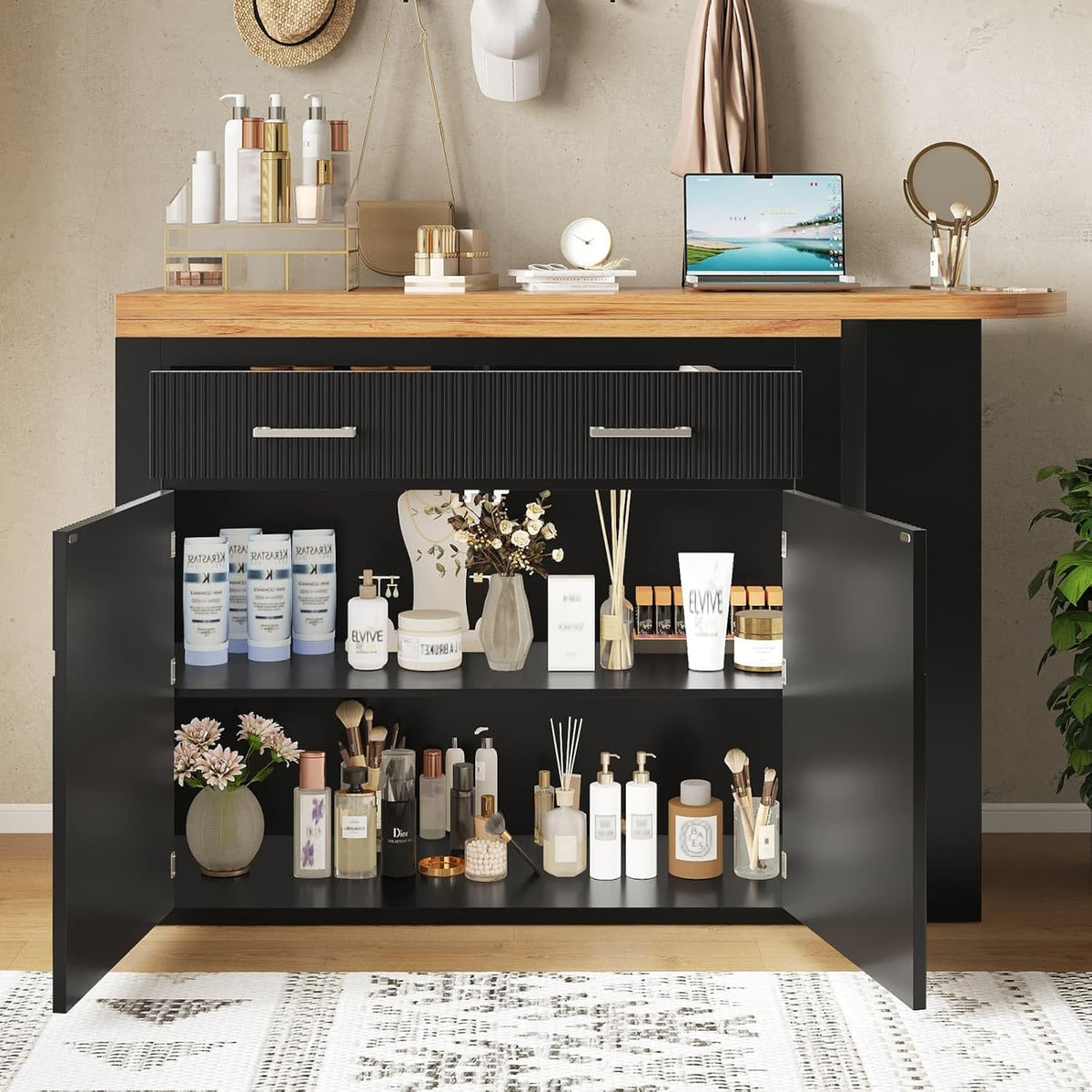 KOMHTOM Table de Bar Extensible avec Espace de Rangement, Meuble Bar avec 2 Portes en Verre, Rotation Libre à 360 °, étagères latérales (Noir-3)