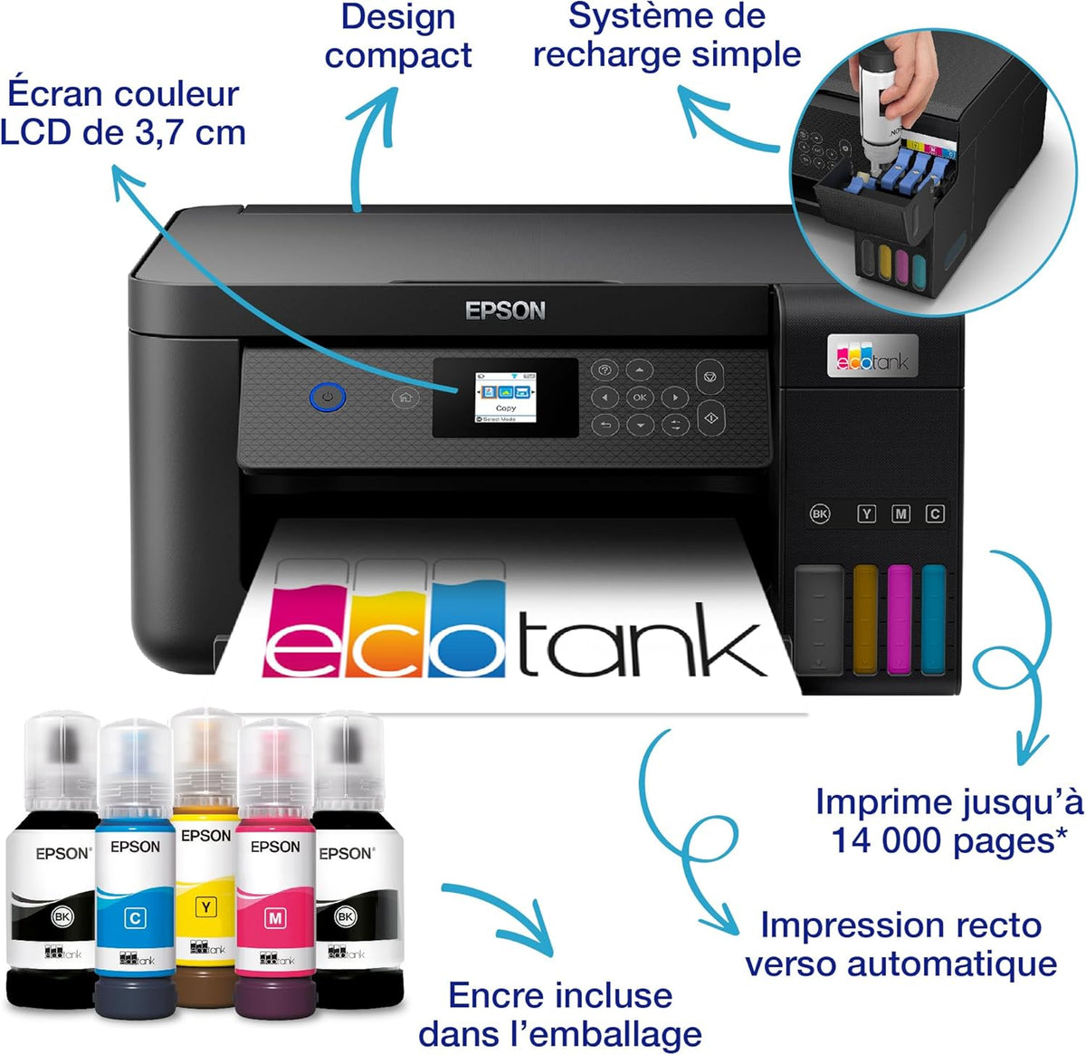 EcoTank ET-2850 A4 Imprimante Multifonction Wi-FI avec réservoir d'encre jusqu'à 3 Ans d'encre Incluse