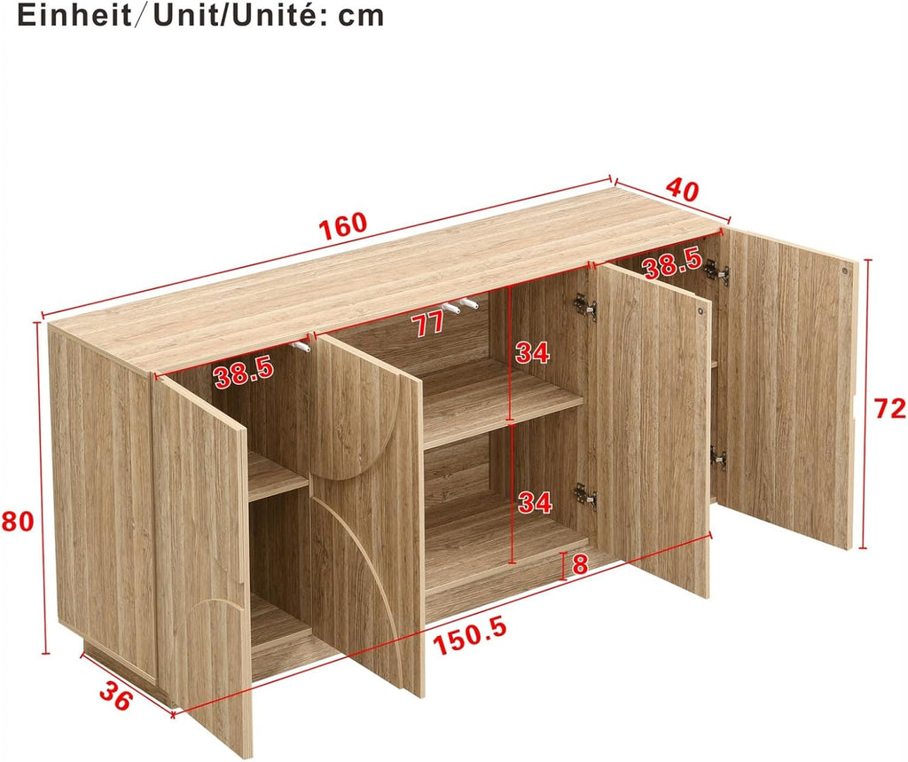 PUGSDRLY Armoire à Couverts avec étagères, Buffet avec Ferme-Portes, Armoire de Rangement en Bois Naturel à Quatre Portes(160 x 40 x 80 cm)