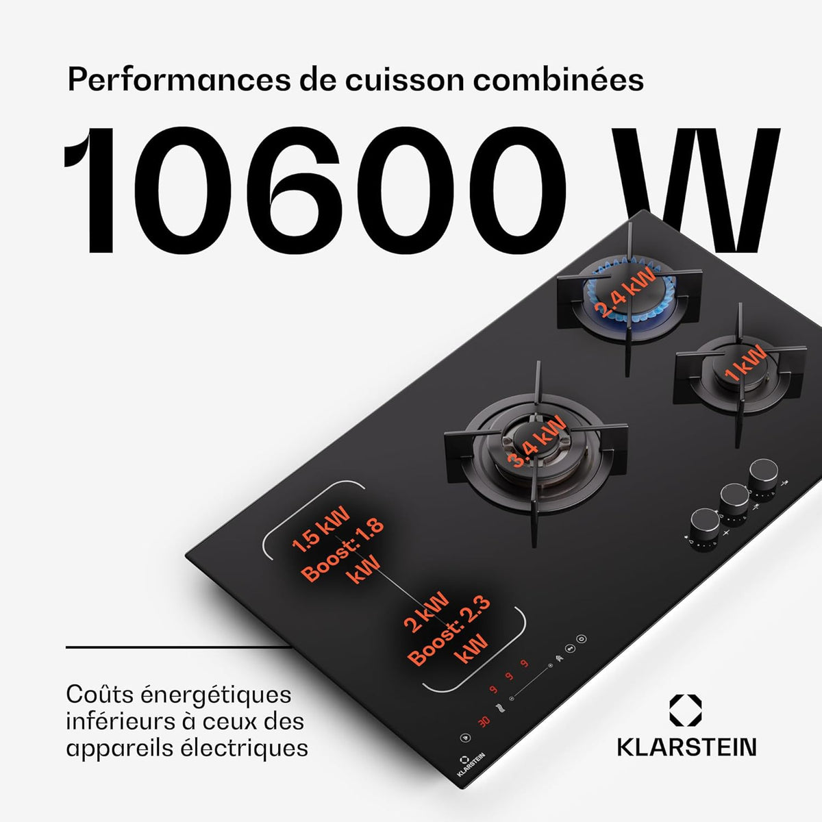 Klarstein MultiChef 5 Plaque Induction Et Gaz - Table De Cuisson À, 5 Zones, Flexzone, Stop&Go, Minuterie, Supports En Fonte, Noir, 87.5Cm