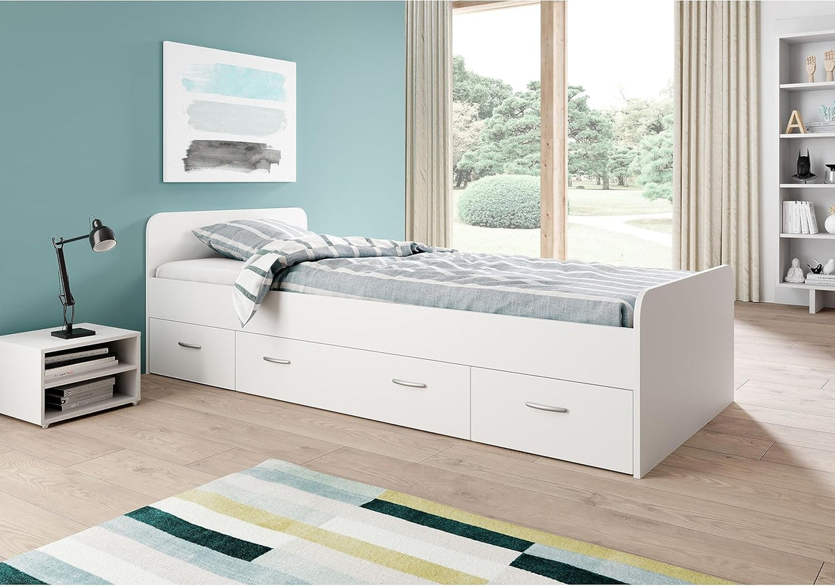 Stella Trading BORO Lit simple moderne avec 3x tiroirs 90 x 200 cm - Lit superposé pratique pour chambre de jeunes en blanc - 95 x 66 x 204 cm