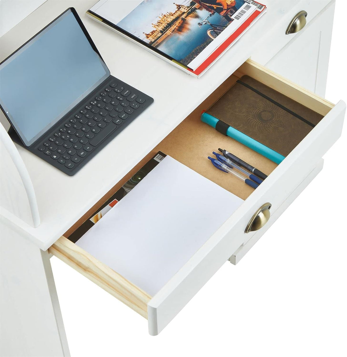 IDIMEX Bureau secrétaire Tom avec volet Roulant Rangement 2 tiroirs et 1 Porte avec étagère, en pin Massif lasuré Blanc