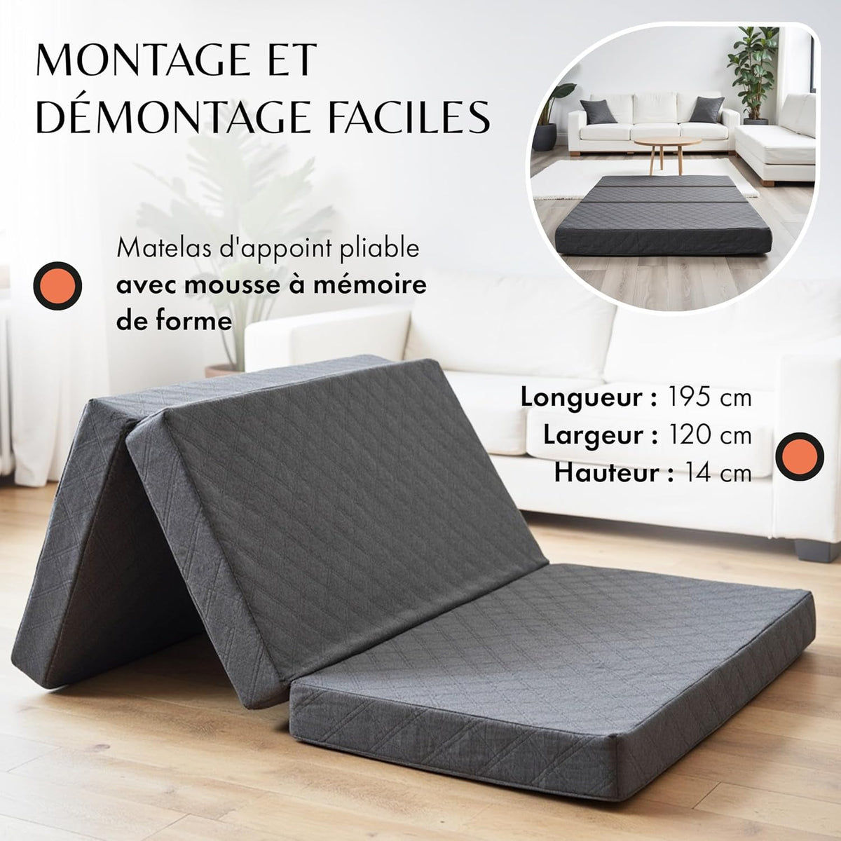 DYNMC you Matelas Pliable 2 Personnes en Mousse – 14 cm d’épaisseur – Idéal Camping, Maison, lit d’appoint ou Voyage (Gris/Blanc, Matelas Simple (75 cm) + Housse)