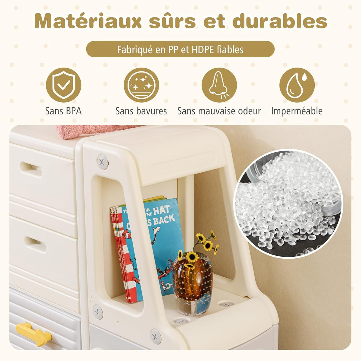 COSTWAY Meuble de Rangement Jouet Enfant en Forme Bus avec 4 Tiroirs & 3 Placards, Étagère de Rangement Jouet en HDPE avec Tableau Blanc, Bibliothèque Enfant de 3 Ans+ pour Salle de Jeux Chambre Salon