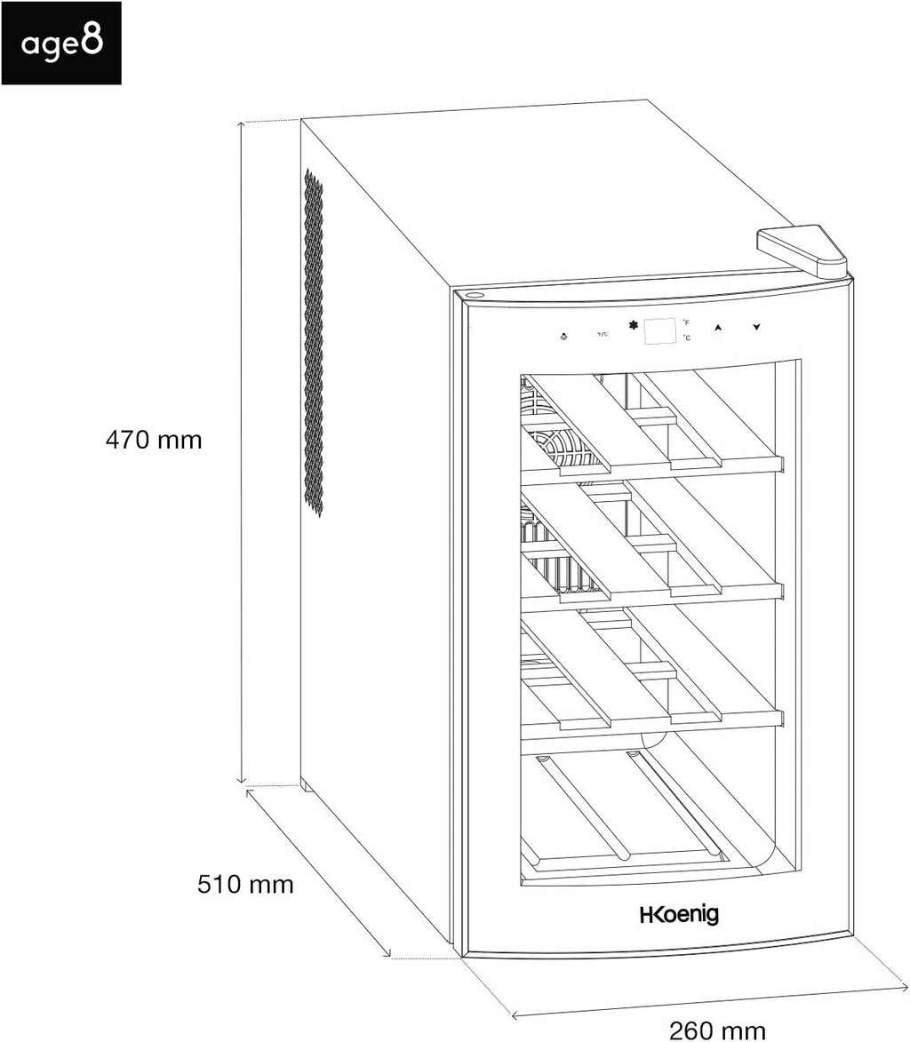 H.Koenig Cave à vin Réfrigérante Thermo Electrique 8 bouteilles de conservation AGE8 25L, Professionnelle Inox, multi température 11°C-18°C, Silencieuse, Eclairage intérieur, 3 Etagères