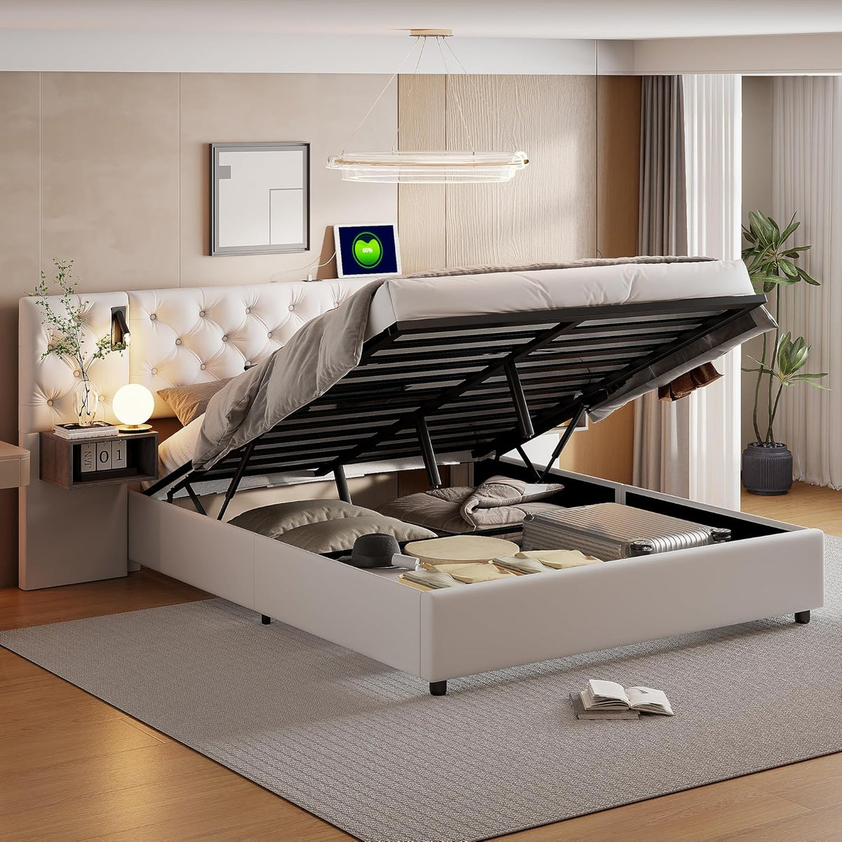 Julyue Lit double avec tables de chevet, 160 x 200 cm, rembourré, lampe de lecture et USB, hydraulique, rangement, cadre en bois, blanc