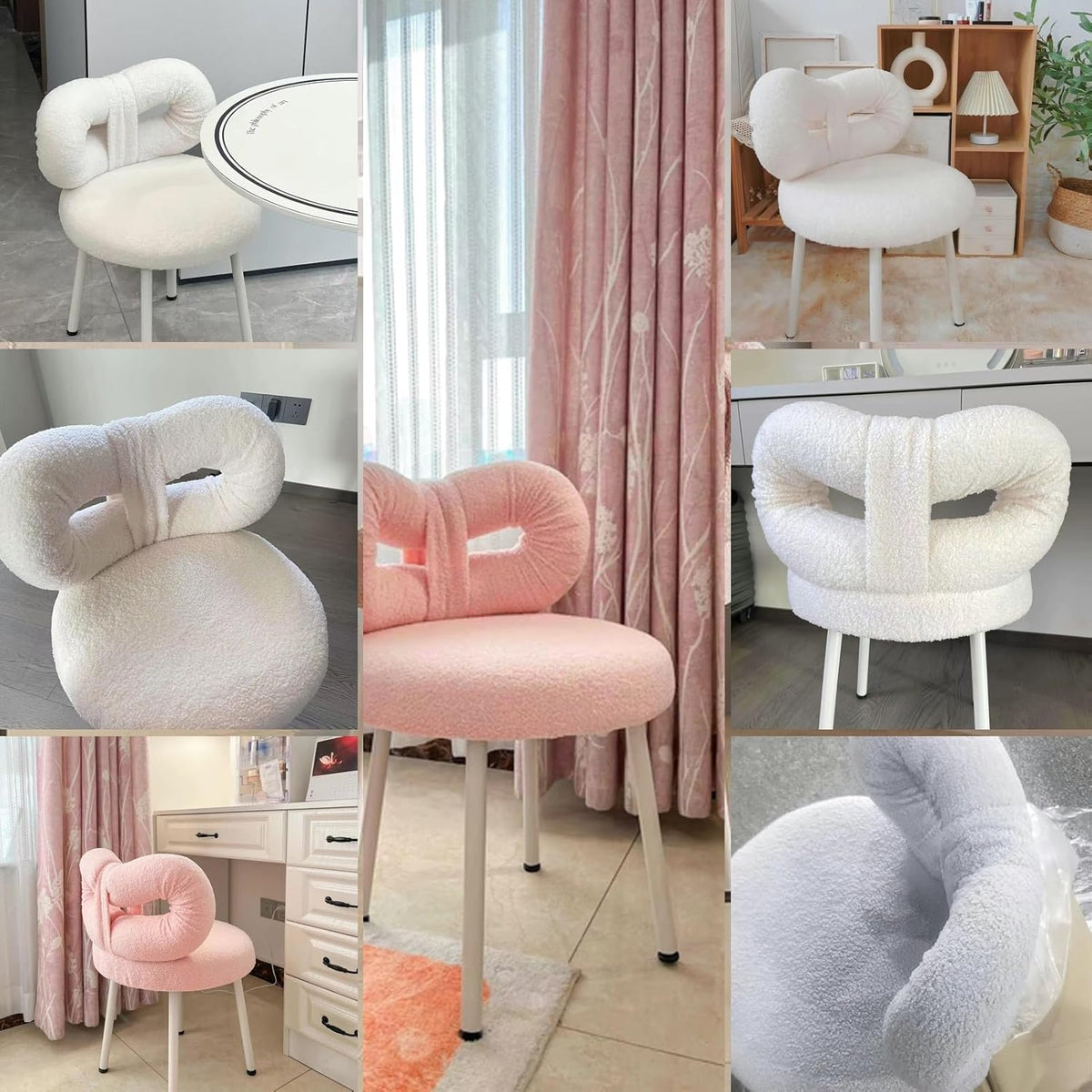 Chaise de Coiffeuse, Tabouret pour Coiffeuse Moderne avec Dossier, Siège Rembourré en Velours, Chaises de Salle à Manger rembourrées pour Salon(White)