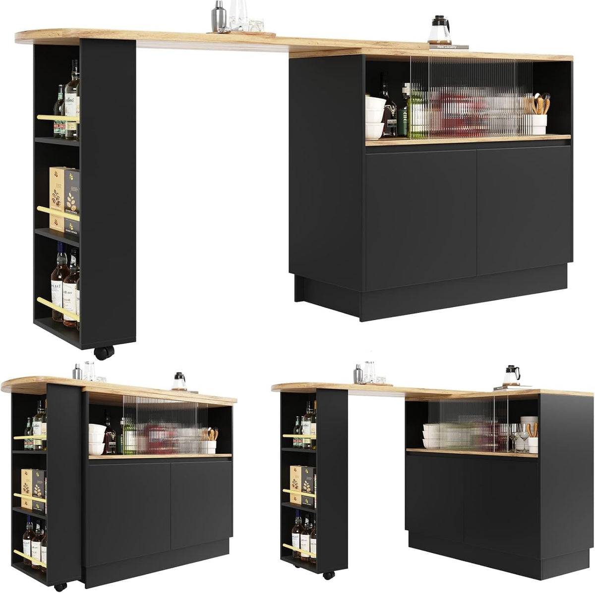 KOMHTOM Table de Bar Extensible avec Espace de Rangement, Meuble Bar avec 2 Portes en Verre, Rotation Libre à 360 °, étagères latérales (Noir)