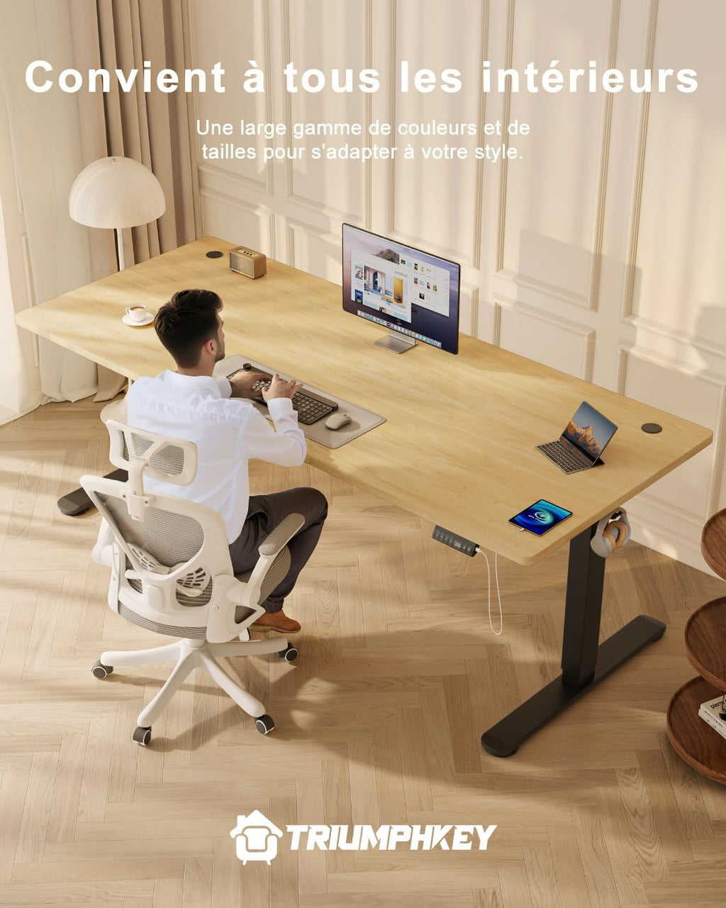 TRIUMPHKEY Bureau électrique 160 x 80 cm, réglable en hauteur, prise USB, 3 contrôles mémoire, table d'ordinateur, pour bureau, position debout