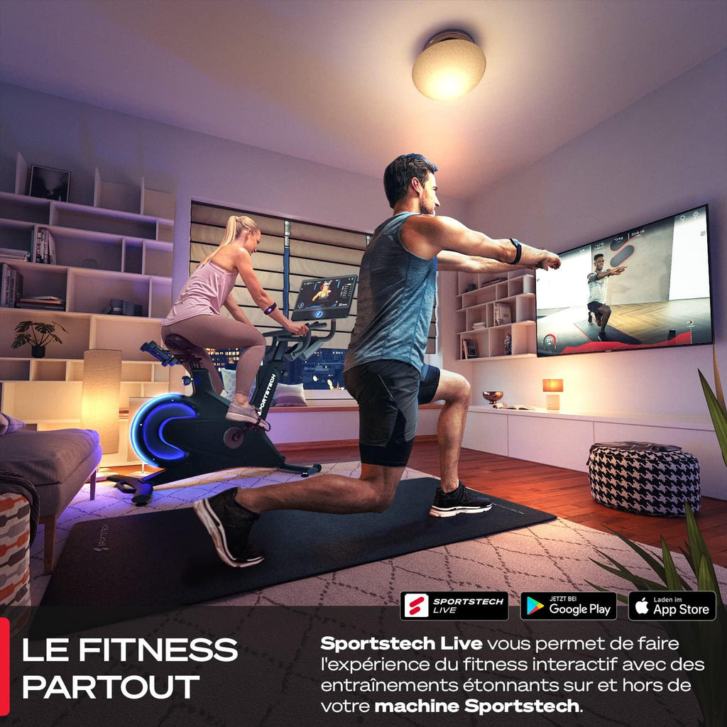 Vélo d'intérieur Smart sBike, écran tactile de 21,5" + LED| avec cours en direct et à la demande + expérience d'entraînement du corps entier | Vélo d'exercice Speedbike Sportstech Fitness Bike