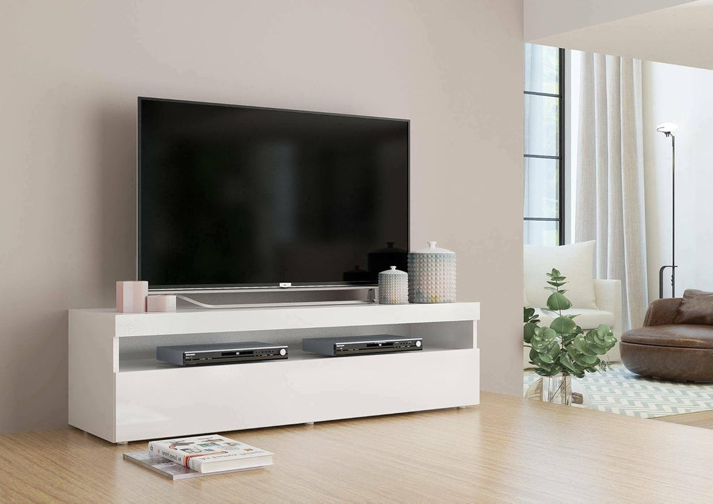 Dmora - Meuble TV Daniele, Buffet bas de salon, Base pour meuble TV, 100% Made in Italy, 130x45h36 cm, Blanc brillant