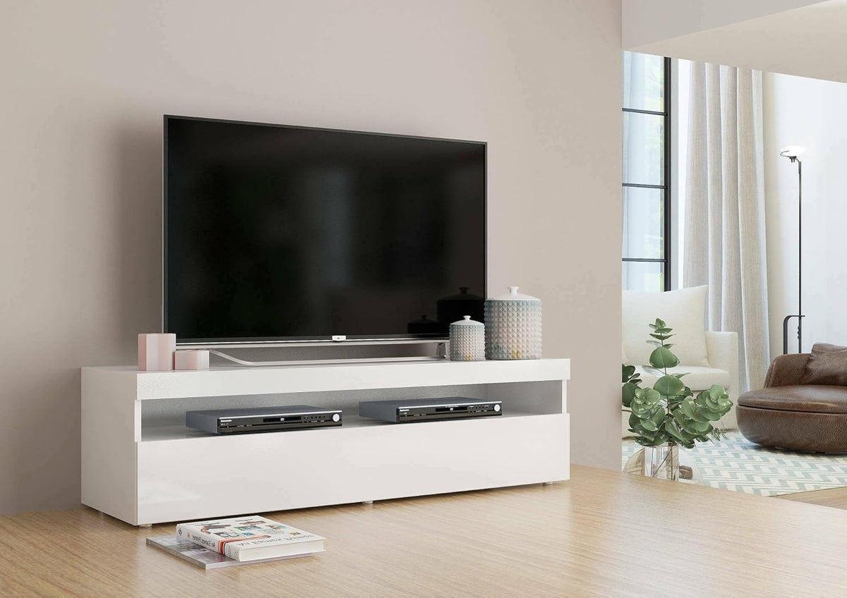 Dmora - Meuble TV Daniele, Buffet bas de salon, Base pour meuble TV, 100% Made in Italy, 130x45h36 cm, Blanc brillant