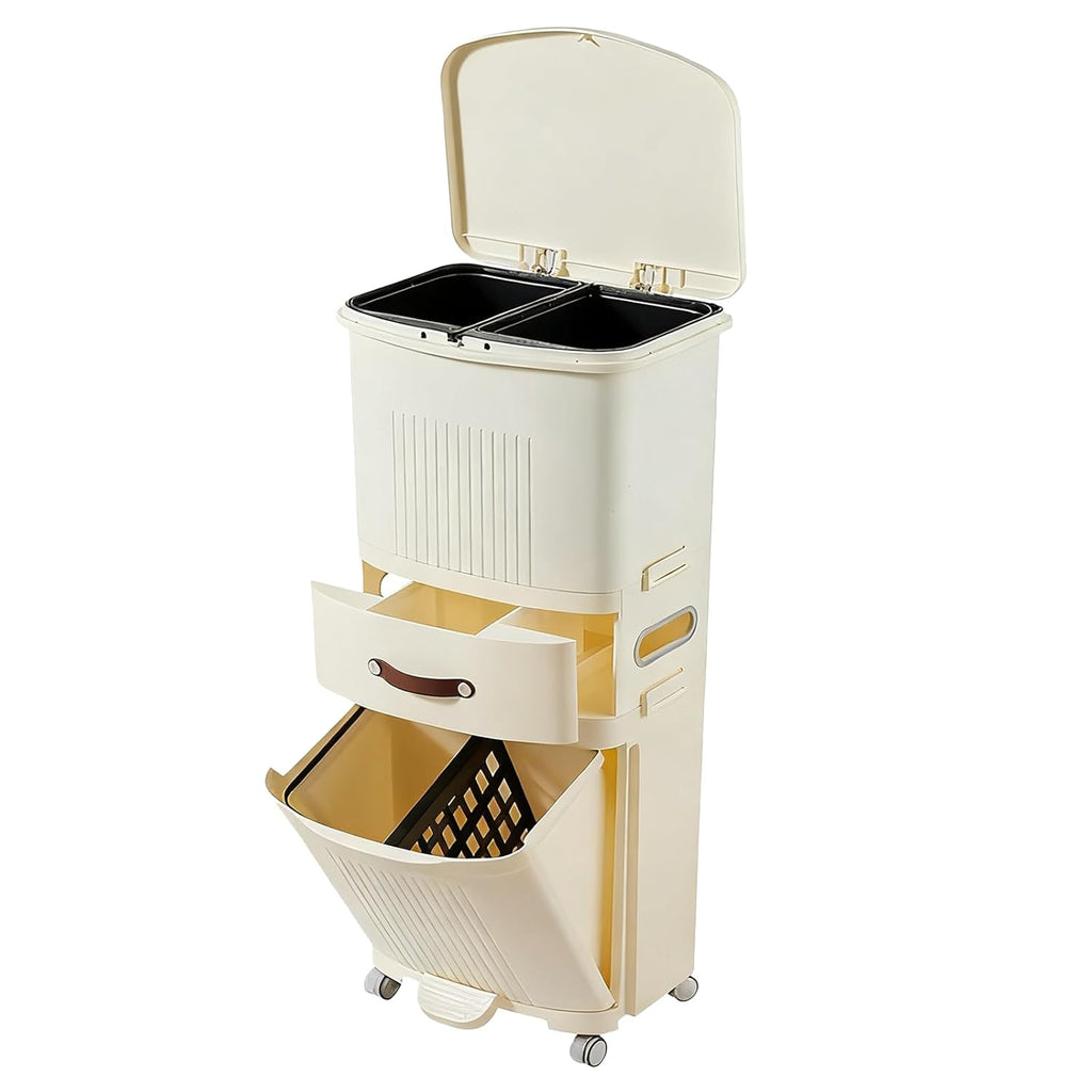 Poubelles de recyclage pour cuisine Double bac avec pédale, poubelle de 36 L pour séparation des déchets secs et humides avec seau intérieur, couvercle, système de tri vertical des déchets yellow 45L