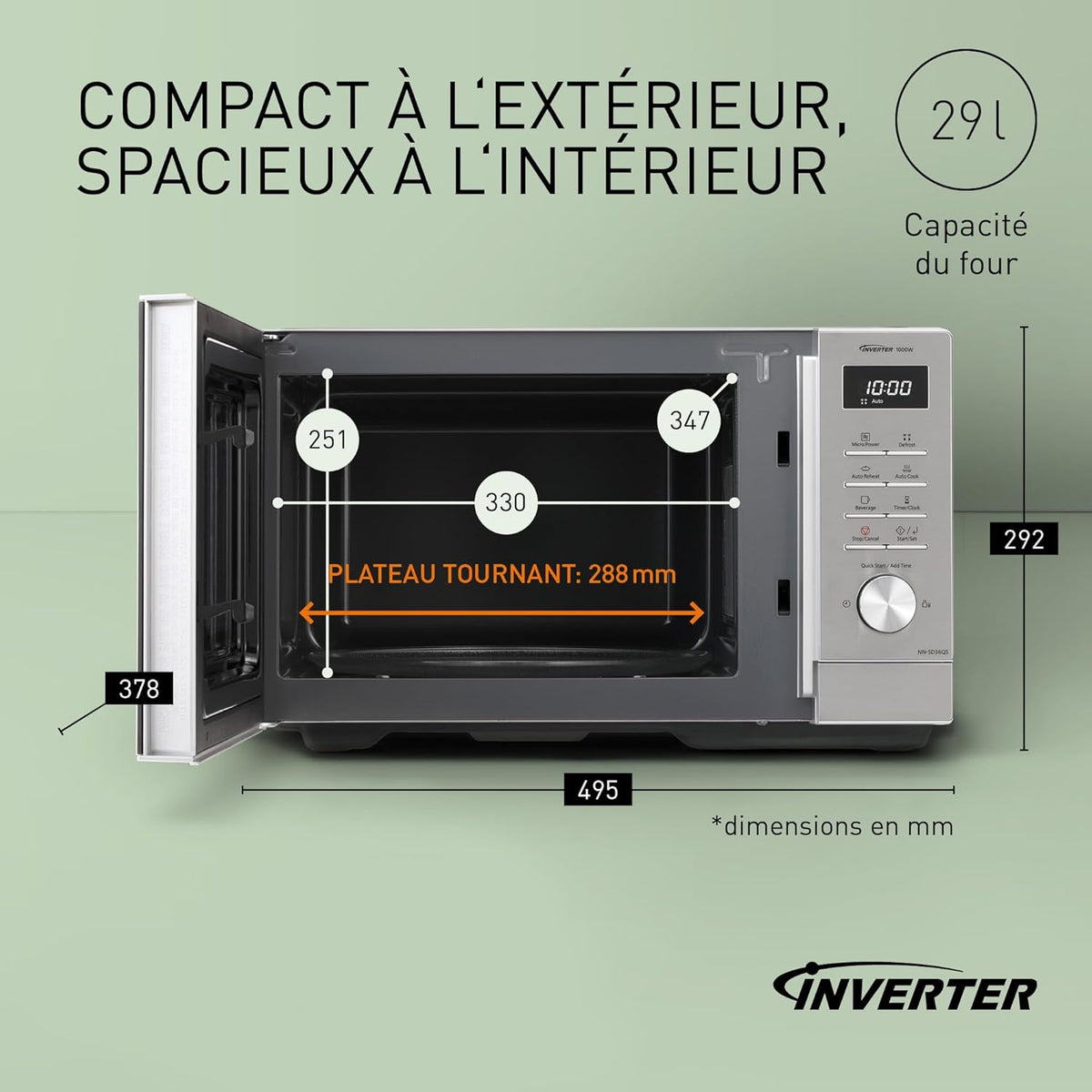 Panasonic NN-SD36QSEPG 29L Four à Micro-Ondes Solo en acier inoxydable, 1000W, Décongélation Automatique, 11 Programmes Automatiques, Molette