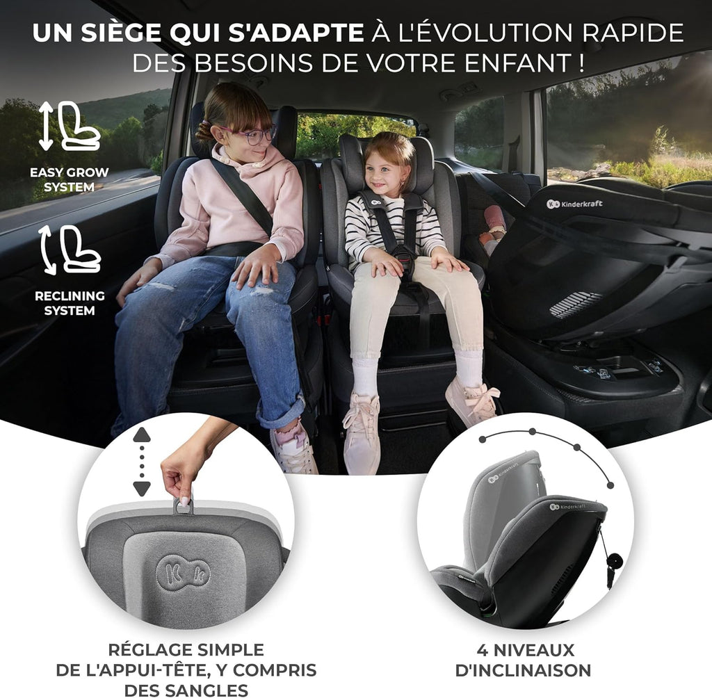Kinderkraft XPEDITION I-Size 40-150 cm, Siège auto bébé 0 à 36 kg évolutif, Groupe 0/1/2/3, Isofix 360° pivotant, Têtière et largeur d'assise ajustable d'une seule main, Protections latérales, Noir