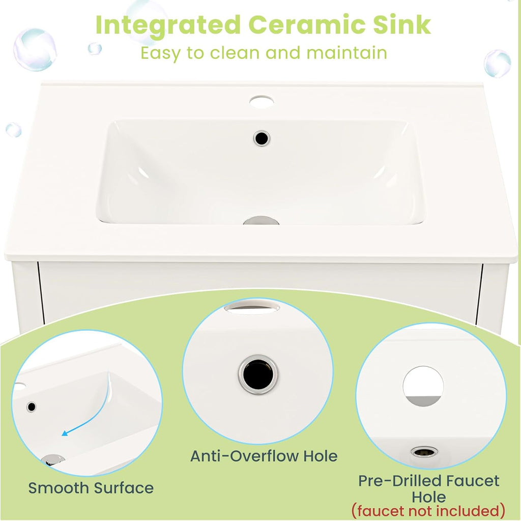 LIFEZEAL Meuble de Salle de Bain avec Lavabo, Meuble sous Lavabo avec Évier en Céramique, 2 Tiroirs et Portes, 76 x 46,5 x 86 cm, Ensemble de Meuble de Salle de Bain, Blanc
