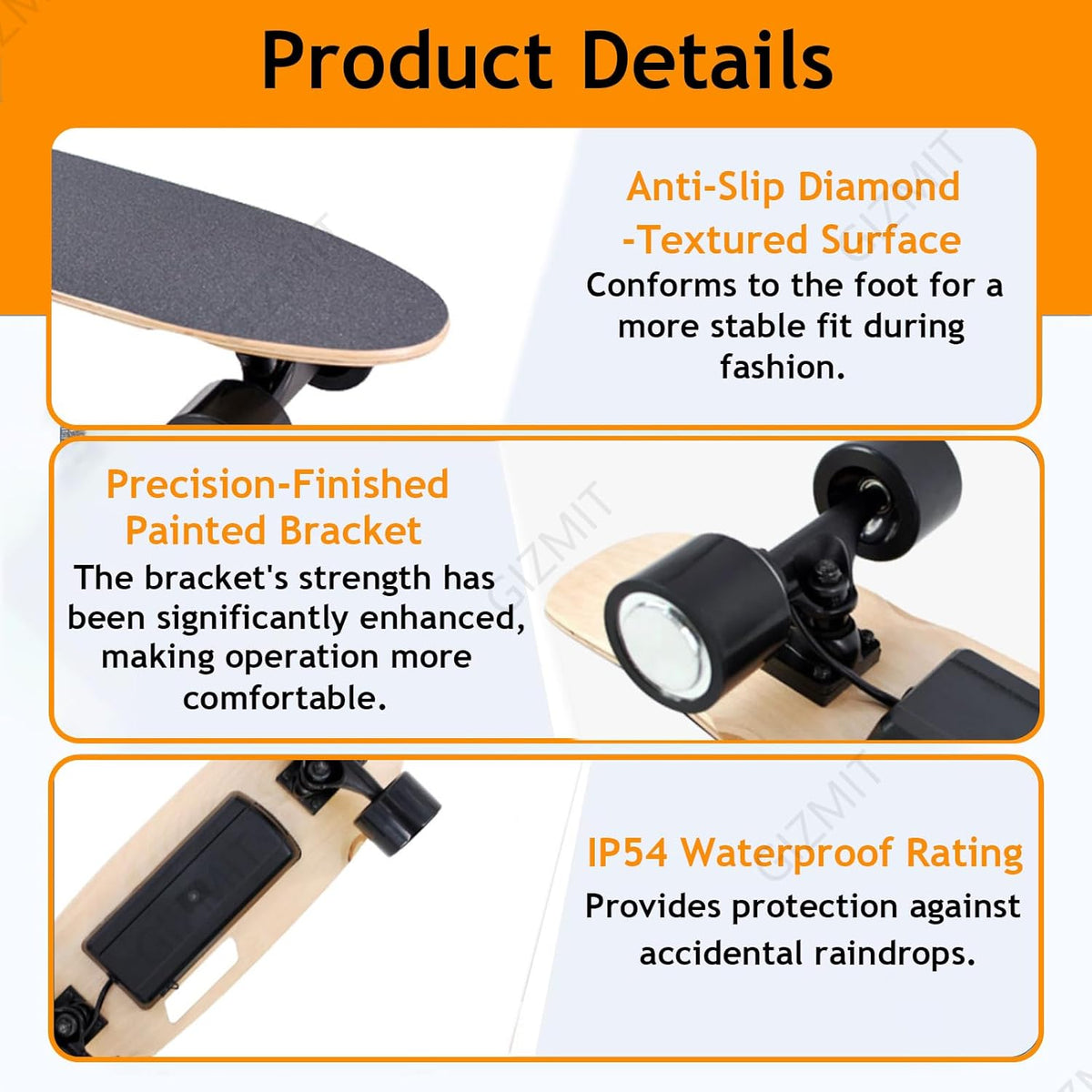 GIZMIT Skateboard électrique Tout-Terrain, Longboard électrique avec télécommande, Moteur de moyeu de 450 W, Vitesse maximale de 24 km/h, autonomie de 13,2 km, 3 Vitesses réglables