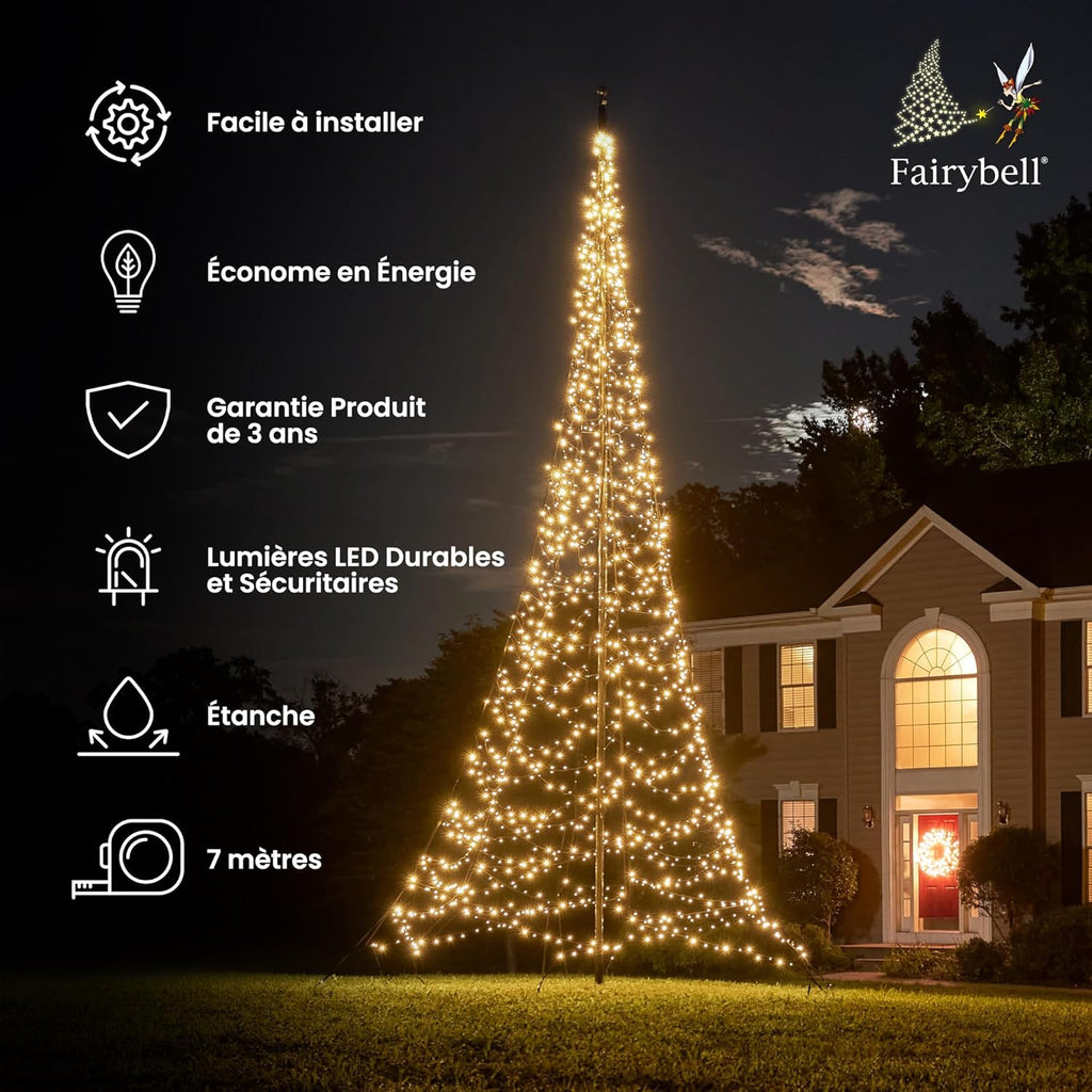 Fairybell Sapin de Noël à LED pour l'extérieur dans le mât de drapeau (7 mètres - 1500 LED, Blanc chaud)