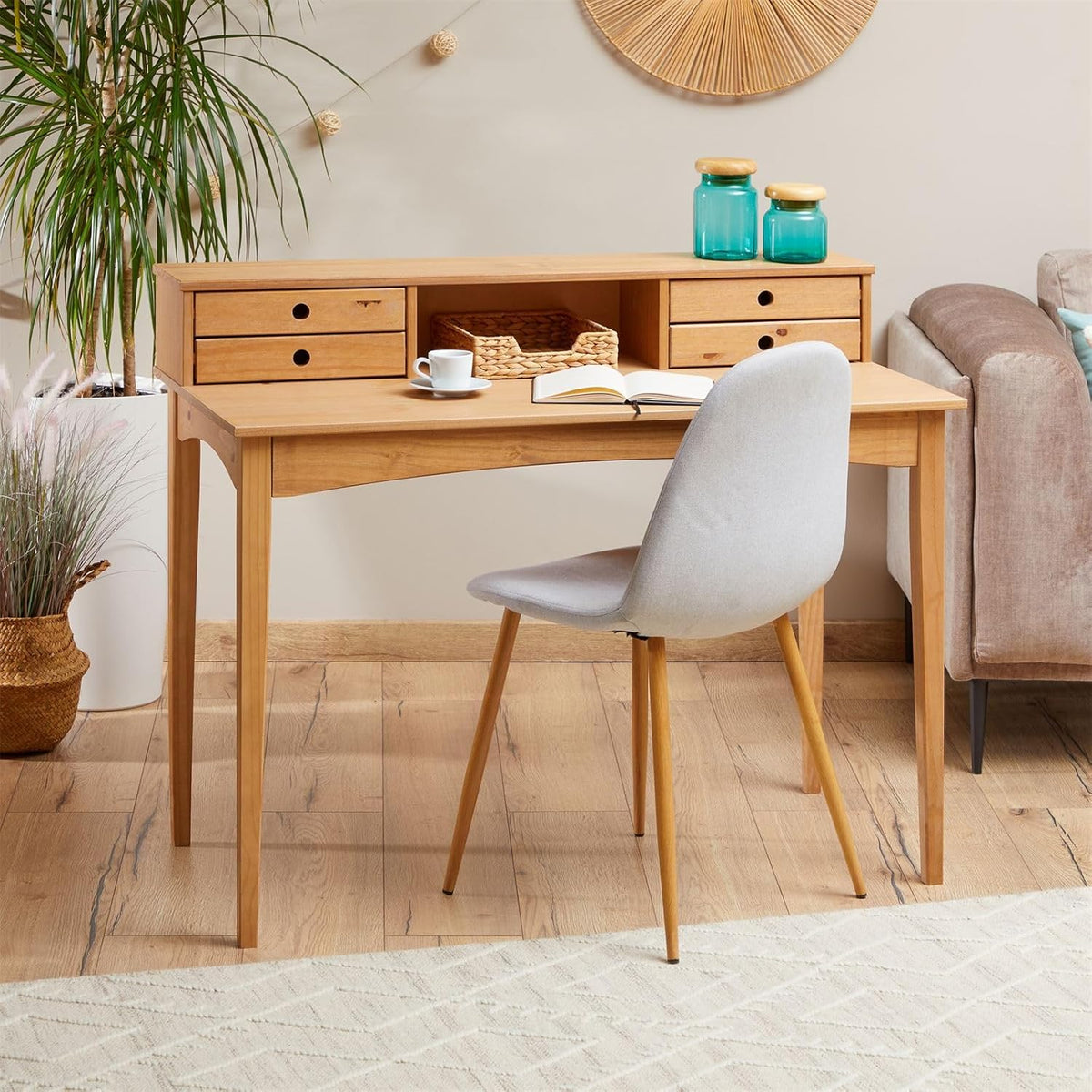 IDIMEX Bureau secrétaire Milano en pin Massif avec 4 tiroirs et 1 Niche, Bois lasuré Brun