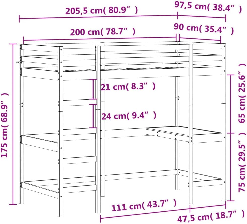 vidaXL Lit Superposé avec Bureau, Lit Mezzanine avec Sommier à Lattes pour Enfant, Meuble de Chambre, Moderne, Blanc 90x200 cm Bois de Pin Massif