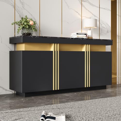 muenfly Buffet moderne avec 3 portes et plan de travail marbré, meuble TV de 140 cm avec tiroirs et compartiments réglables, polyvalent comme armoire de couloir ou commode pour le salon