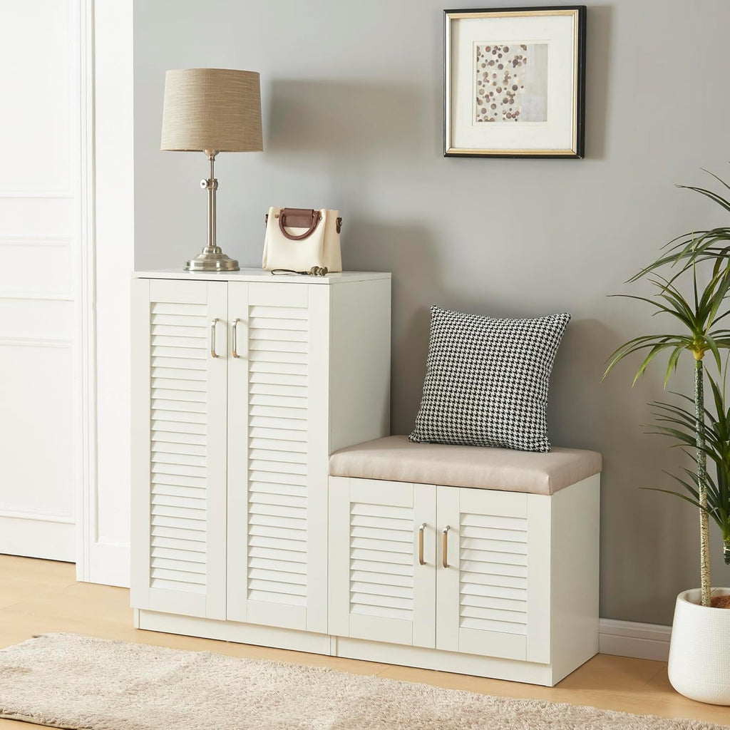 [en.casa] Meuble à Chaussures avec Banquette Armoire à Chaussures pour 18 Paires Meuble de Rangement avec Portes Ajourées MDF 97 x 120 x 36 cm Blanc