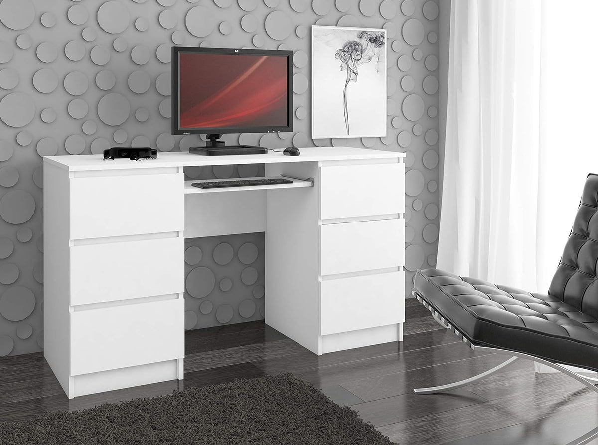 AKORD Bureau Ordinateur PC A11 avec Tablette Clavier | L135 x H77 x P50 cm 60 kg | 6 Tiroirs | Grand Bureau de Chambre PC Desk Table, Moderne