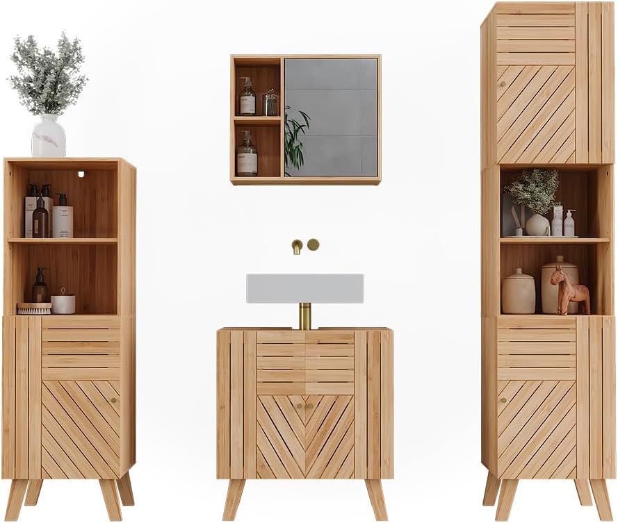 Vicco Ensemble de Meubles de Salle de Bains Lucie, Bambou, 4 pièces, avec Armoire de Milieu et Armoire Haute