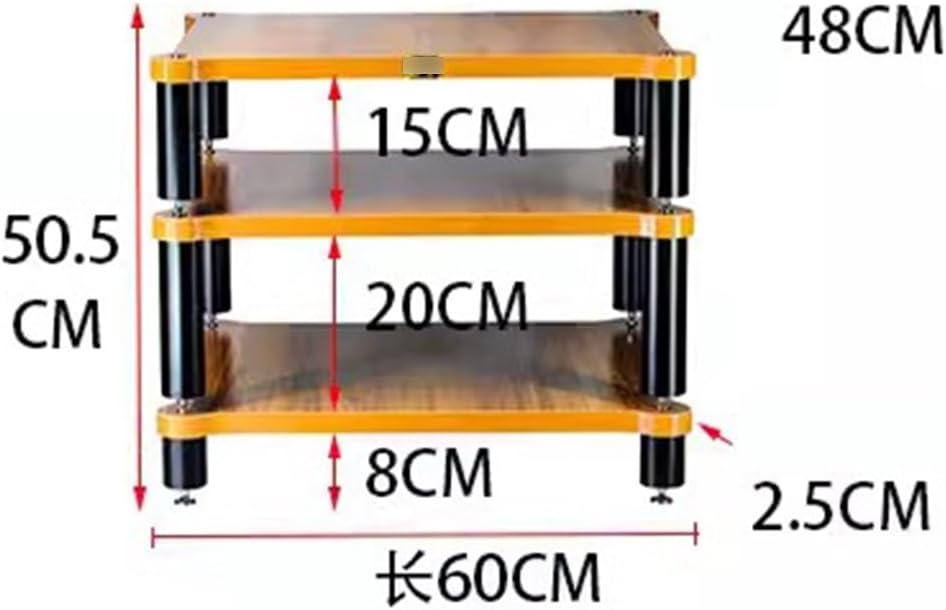 Étagère HiFi à 3 niveaux en bois massif avec étagères de rangement pour composants audio et vidéo, meuble TV, amplificateur, armoire couleur bois, 60 x 50 x 48 cm