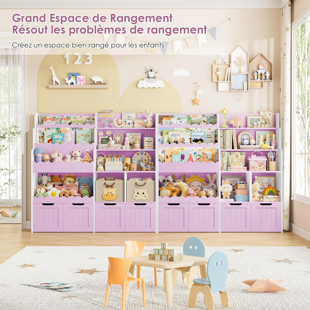 FOREHILL Meuble Rangement Enfant Bibliothèque Enfant avec 4 Boîtes Amovibles 9 Étagères Rangement Jouet pour Chambre d’Enfants Salle de Jeu 125x40x120 cm Couleur Lavande