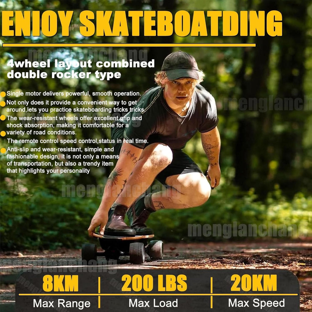 menglanchang Longboard éLectrique avec TéLéCommande:Vitesse Maximale 20/25Km/H,Autonomie 8/15/22/30km,4 Vitesses,Roues Absorbant Chocs Et PoignéE Transport,Skateboard éLectrique pour Campus,Ville 8km
