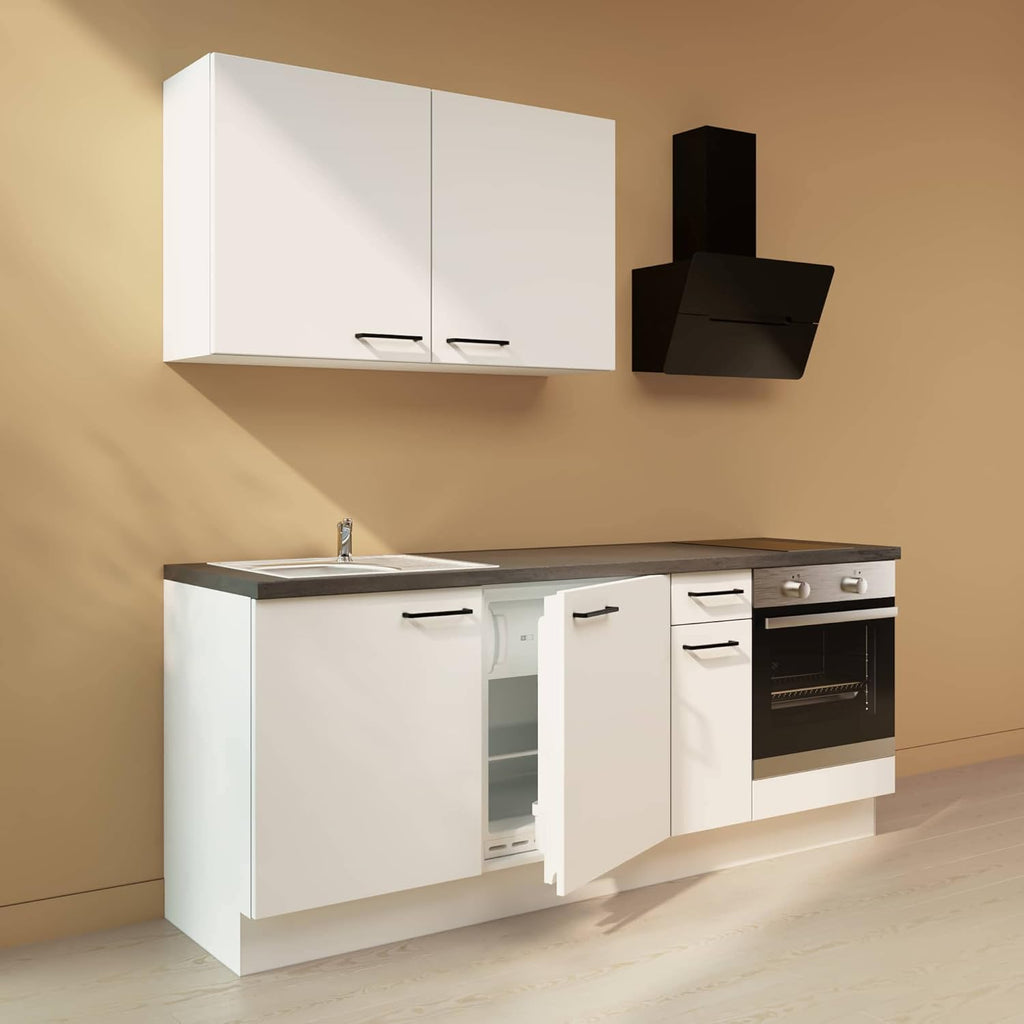WALLERS cuisine complète 210 cm : Meubles + Plan de travail + Frigo intégré table top + Plaque de cuisson 2 foyers + Mitigeur (Plan de travail couleur béton, évier à gauche)