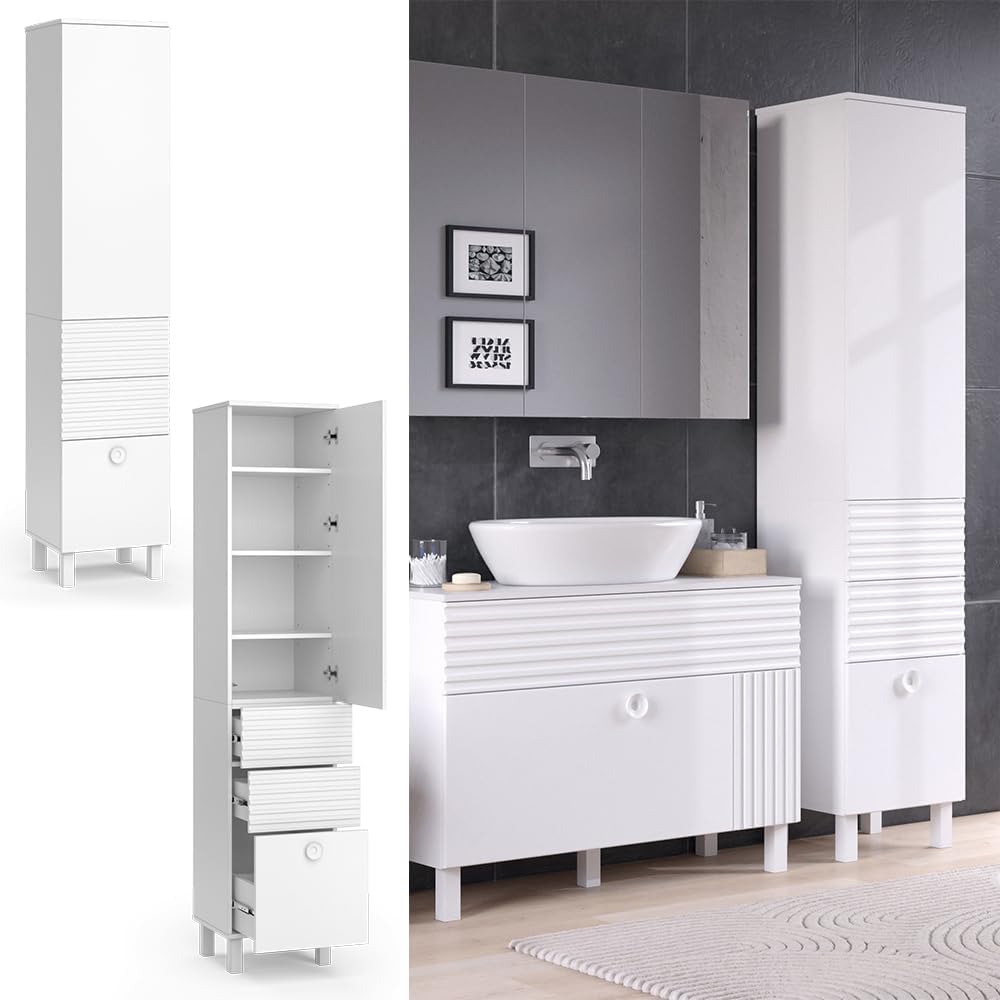 Vicco Meuble de Rangement de Salle de Bain Sola, Blanc, 40.2 x 192.4 cm avec Porte et tiroirs
