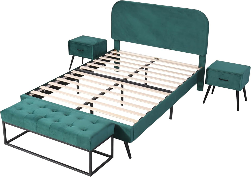 I0I&I0I Ensemble de meubles de chambre à coucher, design moderne, lit double, 2 tables de chevet + tabouret de lit, en velours (vert 2 + sans matelas)