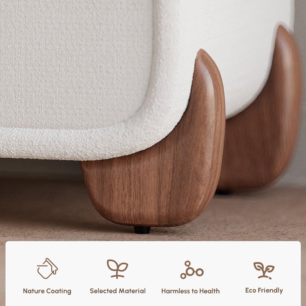 Homary Table de Chevet LED Smart Blanc Bouclé 2 Tiroirs, Recharge sans Fil/Filaire, Pieds Noisetier, Petit Meuble Rangement pour Chambre Adulte