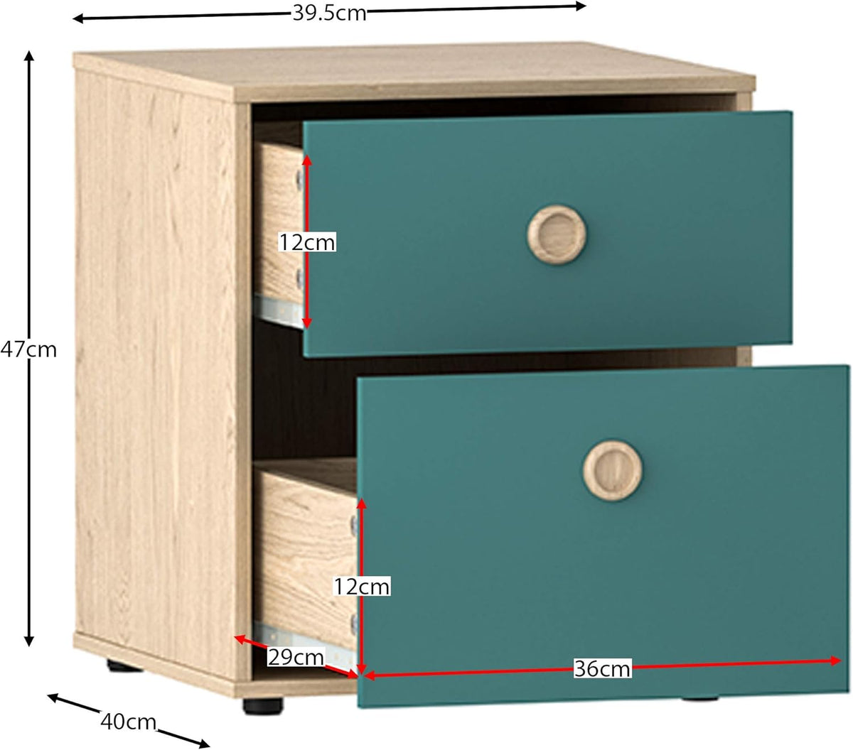 Junior Vida Neptune Ensemble de meubles de chambre à coucher 3 pièces avec table de chevet à 2 tiroirs, commode à 5 tiroirs, armoire à 1 porte (bleu et chêne)