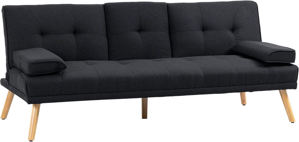 HOMCOM Canapé Convertible 3 Places, canapé-lit rembourré avec Dossier réglable 3 Niveaux, 2 Coussins et 2 Porte-gobelets intégrés, Tissu de Lin, pour Salon, Chambre d'amis, Petit Espace, Gris