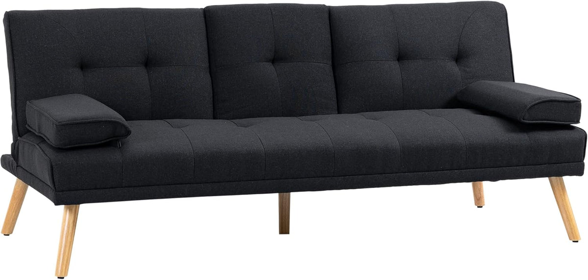 HOMCOM Canapé Convertible 3 Places, canapé-lit rembourré avec Dossier réglable 3 Niveaux, 2 Coussins et 2 Porte-gobelets intégrés, Tissu de Lin, pour Salon, Chambre d'amis, Petit Espace, Gris