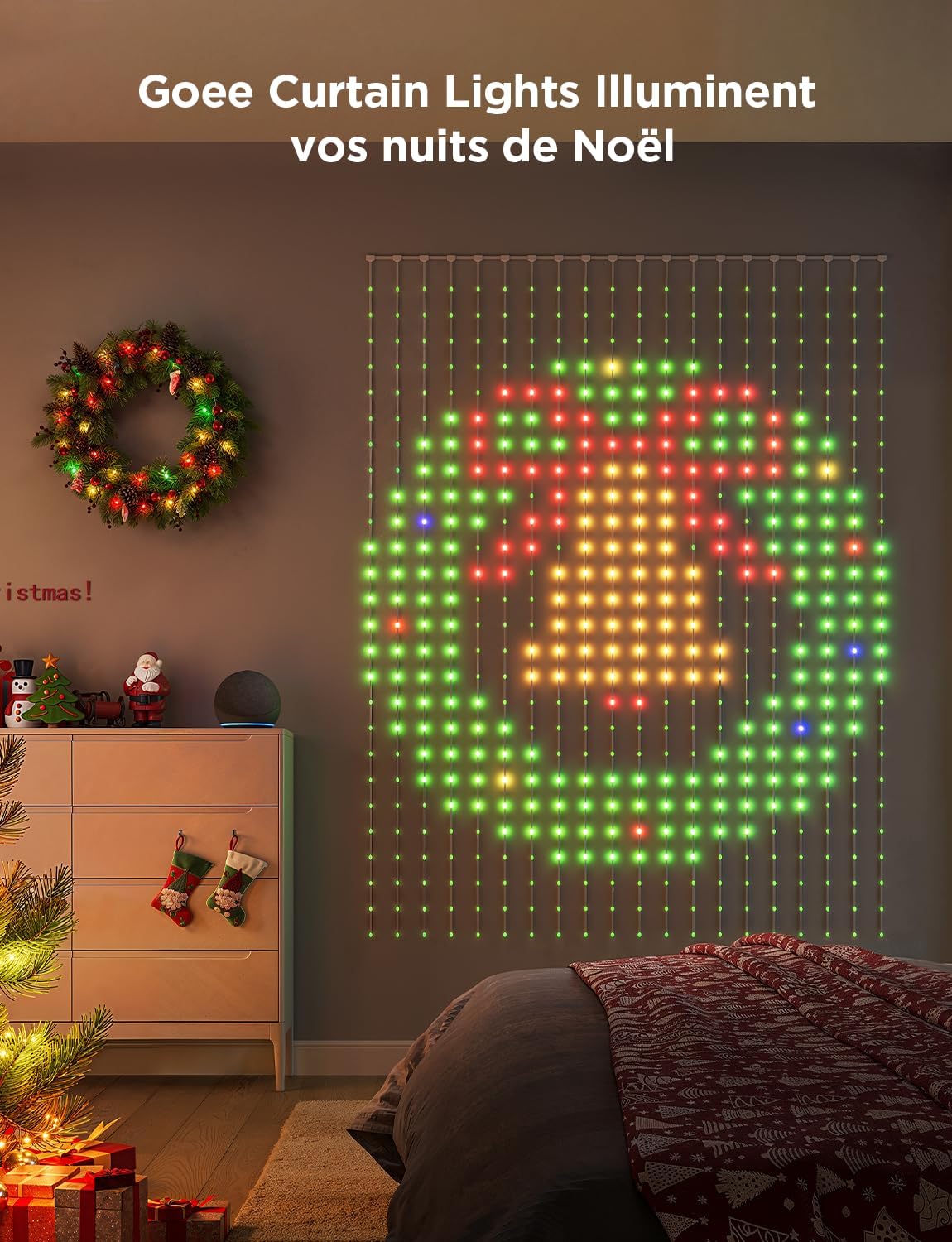 Govee Curtain Lights 3 × 2 m, Rideau LED Intelligent avec GIF DIY, 1040 RGBIC LEDs, Décoration Dynamique Intelligente, IP65 Max Etanche, Compatible avec Alexa, Décoration de Noël, (3 x 2 m)