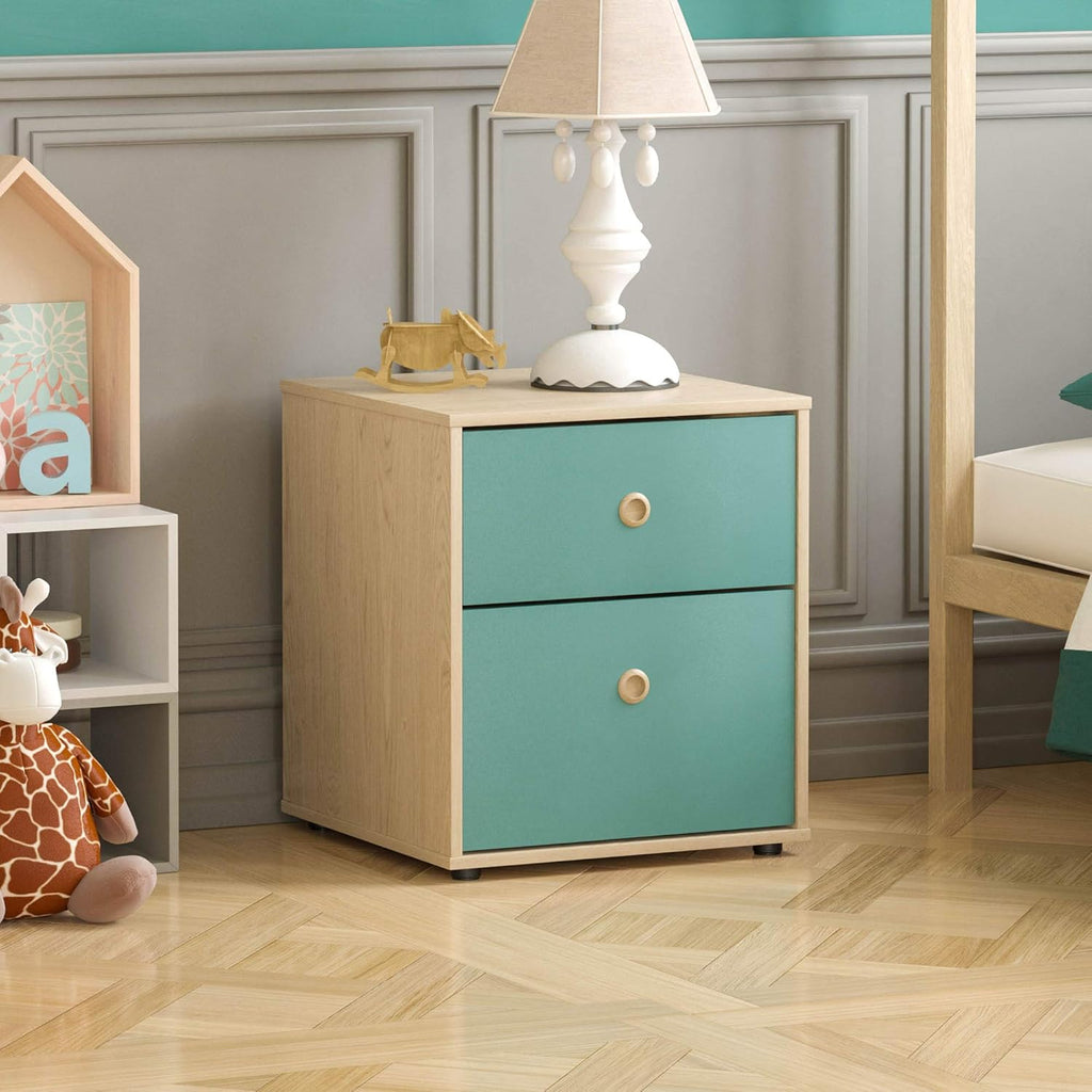 Junior Vida Neptune Ensemble de meubles de chambre à coucher 3 pièces avec table de chevet à 2 tiroirs, commode à 5 tiroirs, armoire à 1 porte (bleu et chêne)
