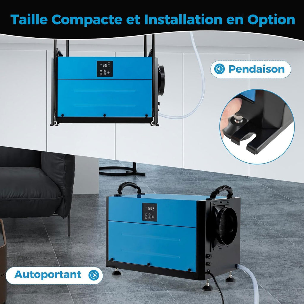 GOPLUS Deshumidificateur d Air Industriel 58,5L/Jour, Débit d'air 357m³/h, Panneau de Contrôle, Déshumidificateur Electrique 20 pour cent-90 pour cent Humidité, 2 Méthodes Drainage, Minuterie, pour 80㎡ (Bleu)