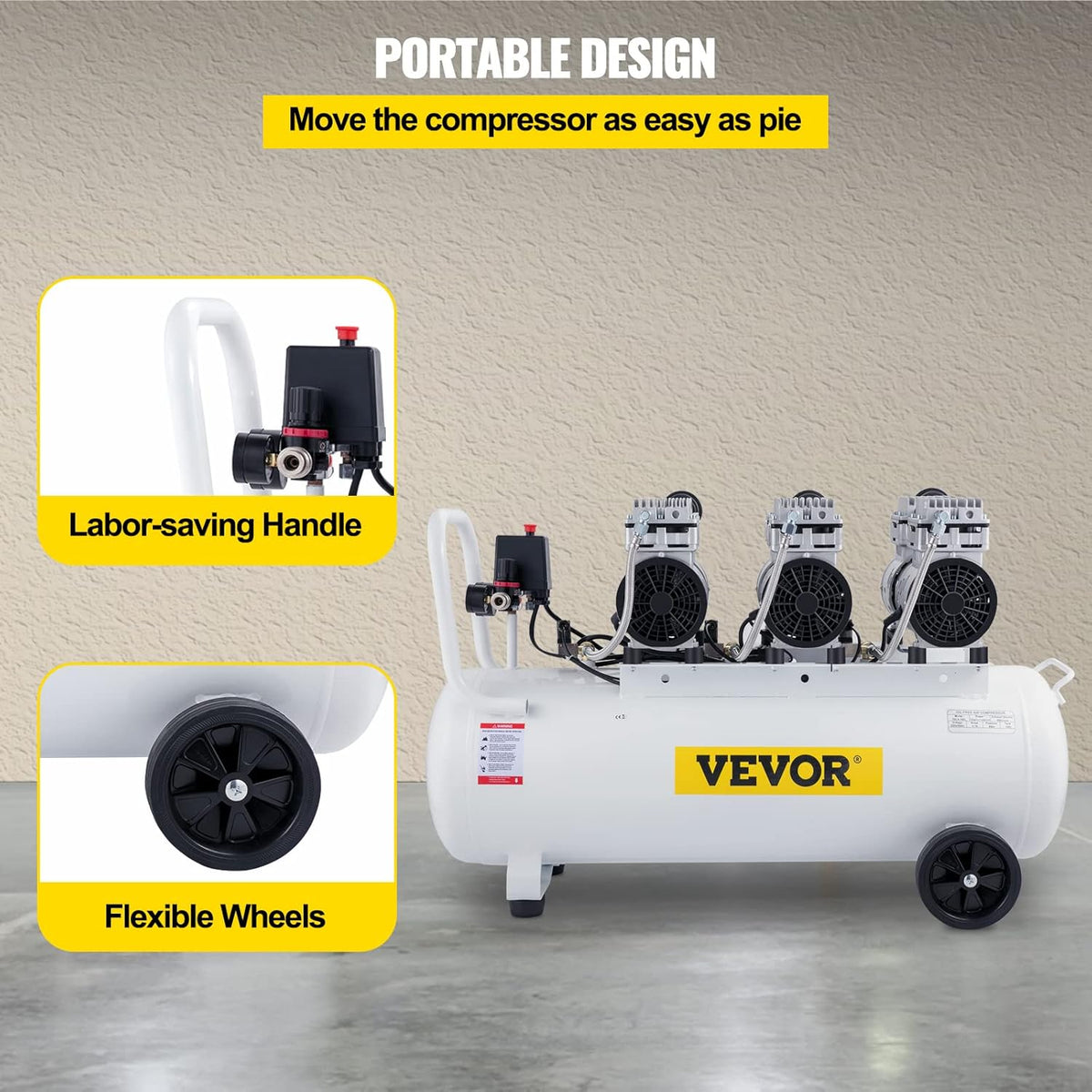 VEVOR Compresseur d’Air sans Huile Compresseur Silencieux à Air Comprimé Compresseur Outil d’Atelier pour Réparations Domiciliaires, Gonflage de Pneus (100L 2.2KW, Électrovanne)