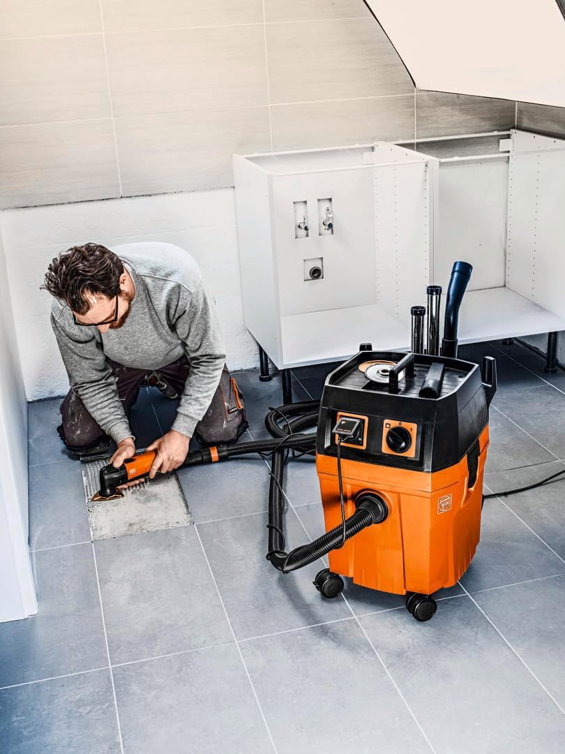 FEIN Dustex 35 L, Aspirateur eau et poussières puissant pour le raccordement d'outils électroportatifs en atelier ou sur chantier. Câble avec fiche 7.5 m, Puissance absorbée 1 380 W